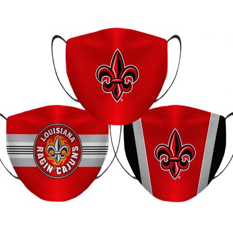three pack of red face masks with UL Lafayette fleur de lis and Ragin' Cajuns circle logo